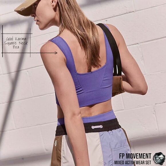 FP MOVEMENT SET GOOD KARMA SQUARE NECK BRA + LEGGINGS + HR CROP TANK VIOLET BLUE - Picture 6 of 16